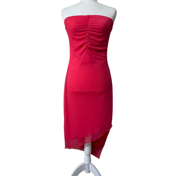 Vintage Y2K Strapless Dress Small Sparkle Pink Bodycon Asymmetrical 90s fairy - Picture 2 of 5